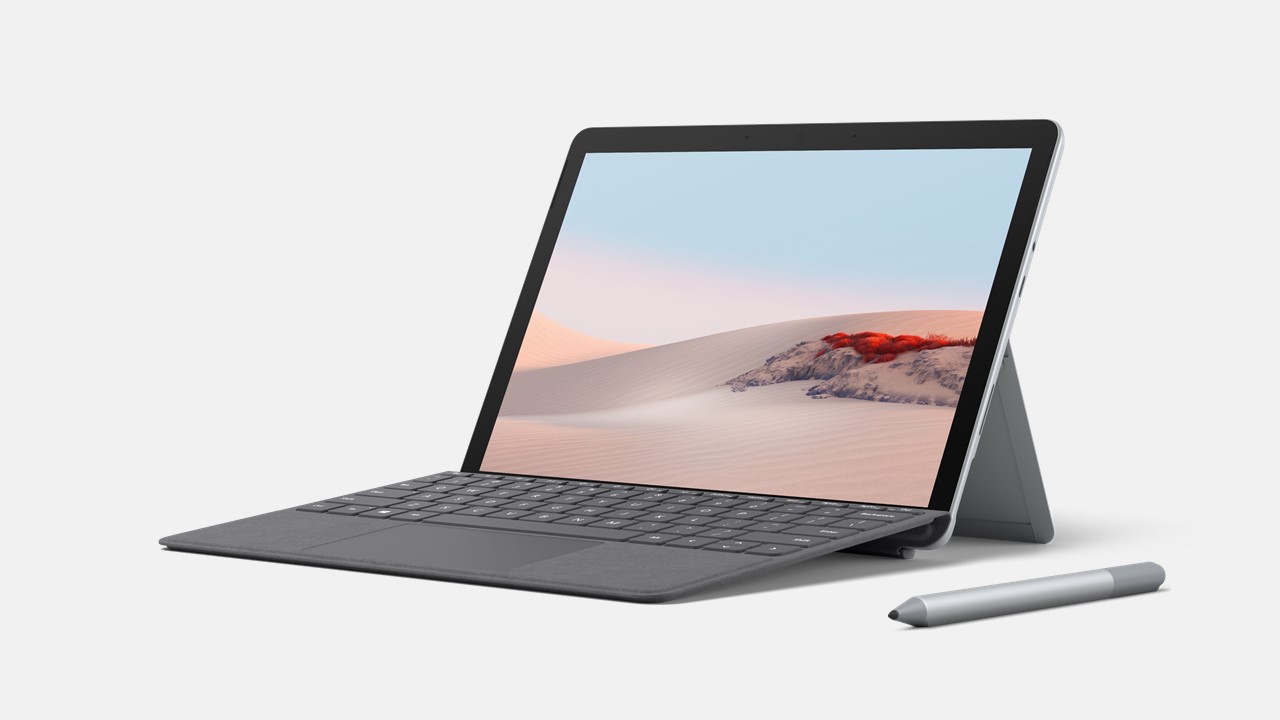 Surface Go 2 for Business im Kickstand mit grauer Tastatur und grauem Stift