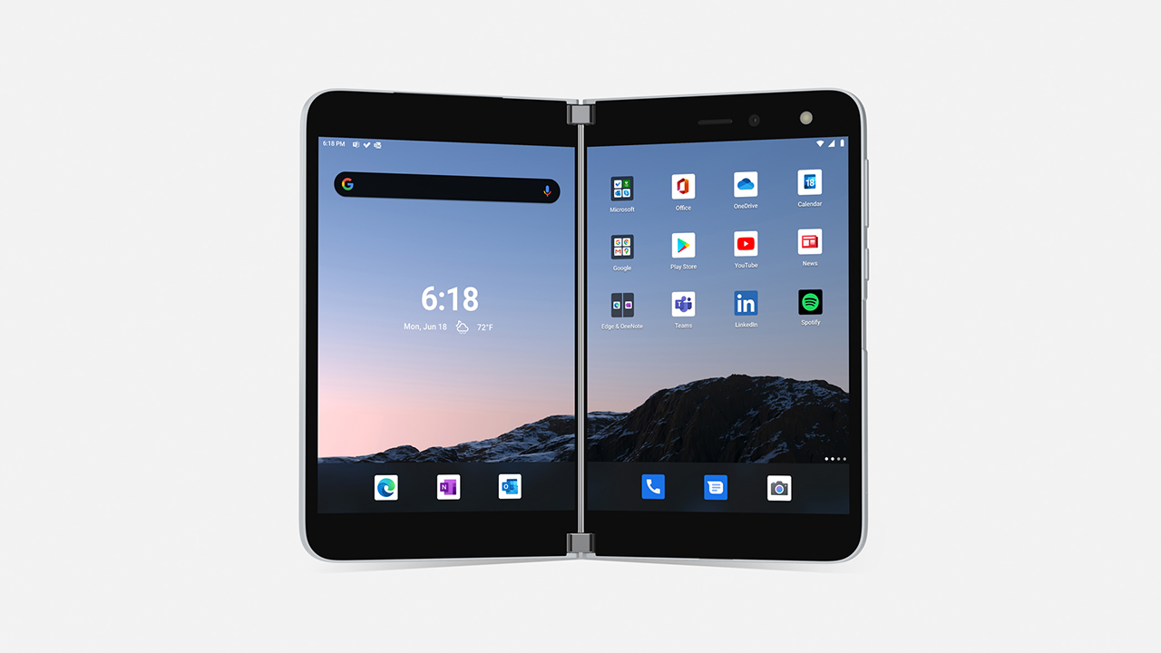 Surface Duo for Business aufgeklappt mit beiden Bildschirmen