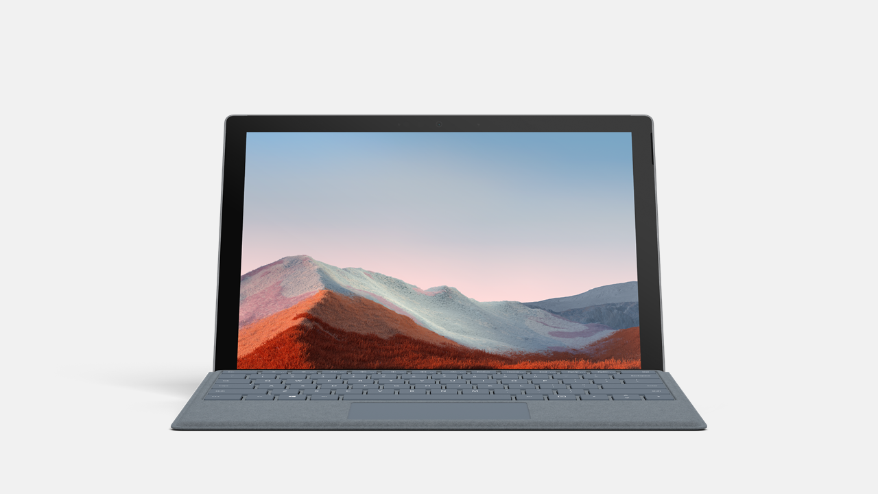 Surface Pro 7+ for Business von vorne mit Tastatur in grau