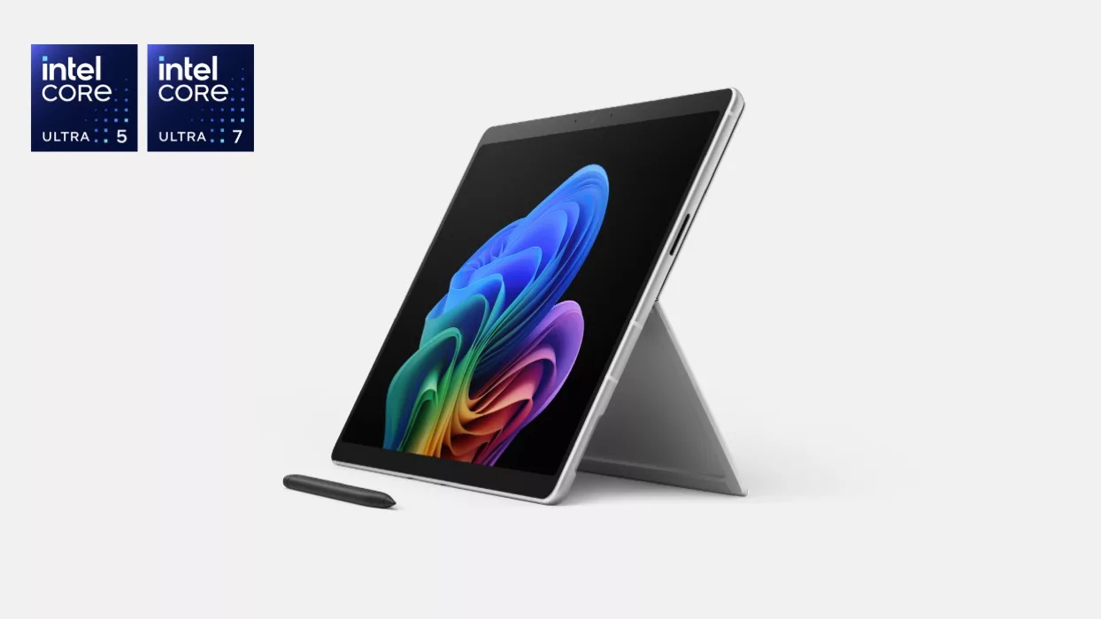 Platin Surface Pro mit Intel Core Ultra Prozessoren im Kickstand